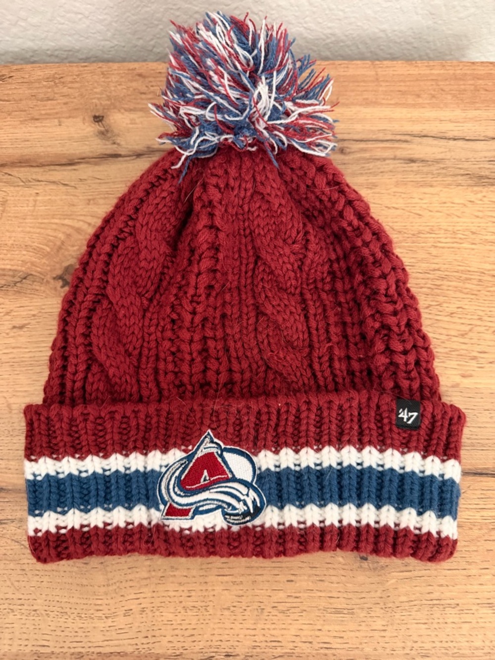 47 Colorado Avalanche Red Knit Pom Beanie with Blue and White Stripes